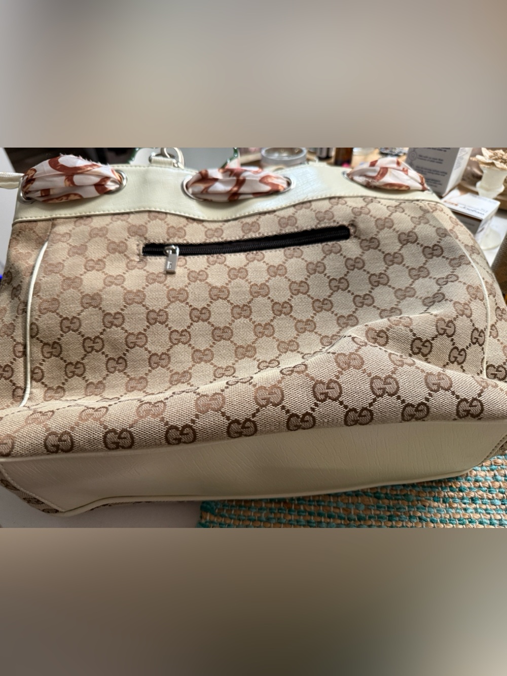 Beige Monogram Canvas Tote with Cream Trim and Scarf Accent - Picture 8 of 9